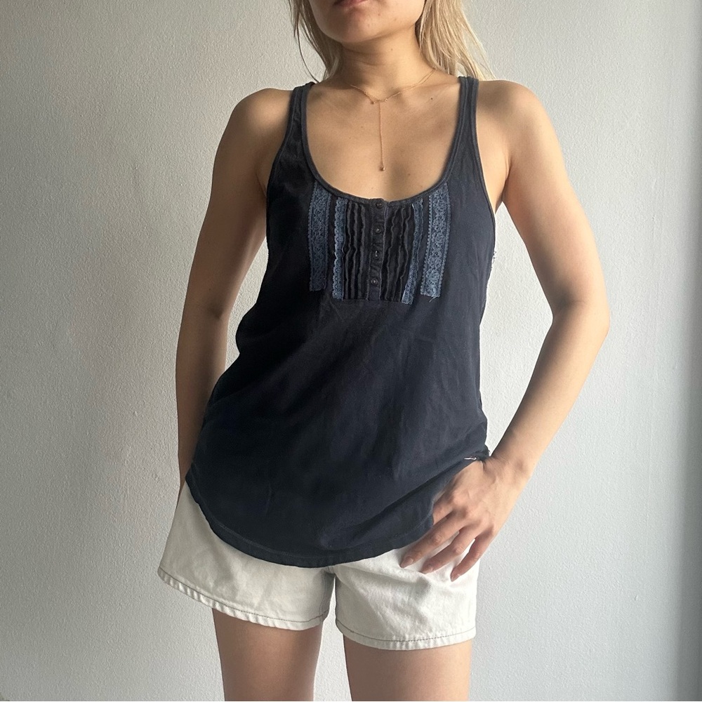 Vintage Hollister Lace Trim Button Front Tank Top w/ Twisted Racerback in Navy